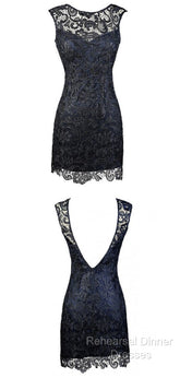 Sheath Bateau Backless Short Homecoming Navy Blue Lace Mother Of The Bride Dress